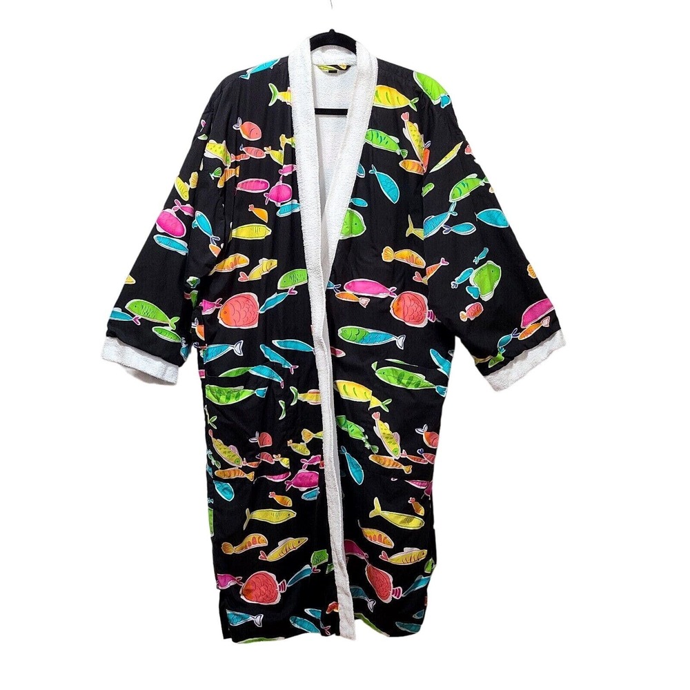 Vintage Novelty Fish Print Terry Lined Robe Black Neon Colorful Kimono Long XL
